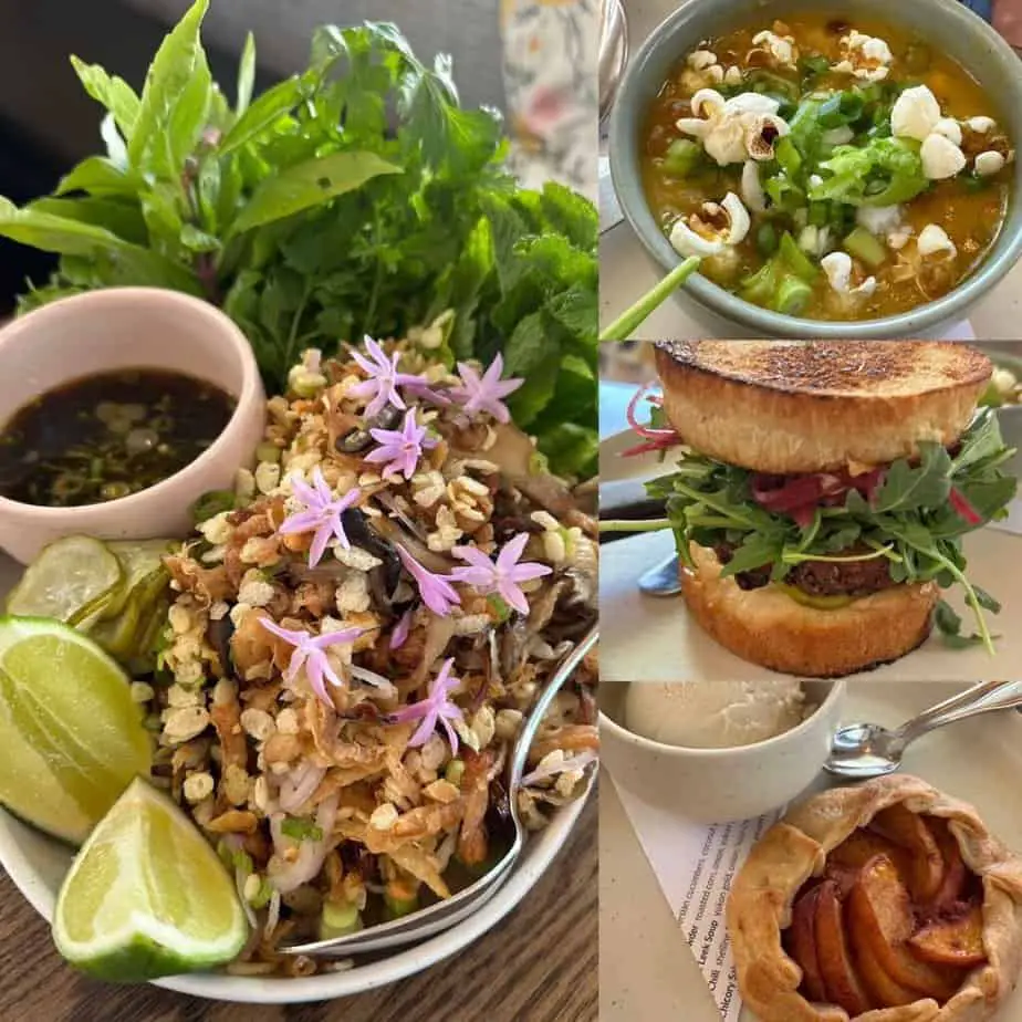 Collage of brunch dishes at Blossom and Root.